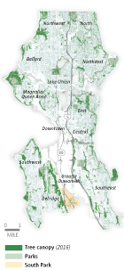 2016 Tree canopy of Seattle map highlighting South Park