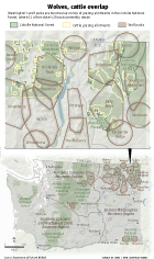 Map of wolf territories, parks and forests in Washington