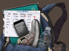 TEEN ACTIVITY PHONE APP this editorial illustration shows a tennis shoe, backpack, cell phone, water bottle and notebook to depict the use of the phone app. Created in Adobe Photoshop and published in UCSC Science Notes 2011