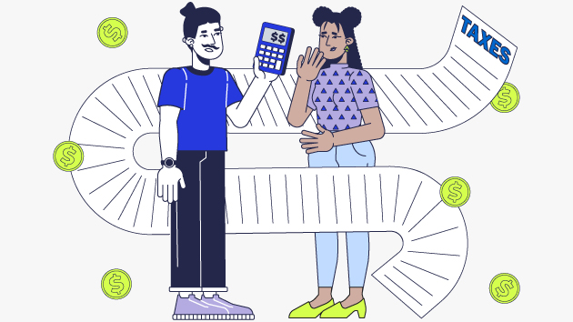 Vector illustration of two people looking at calculator and a tax bill